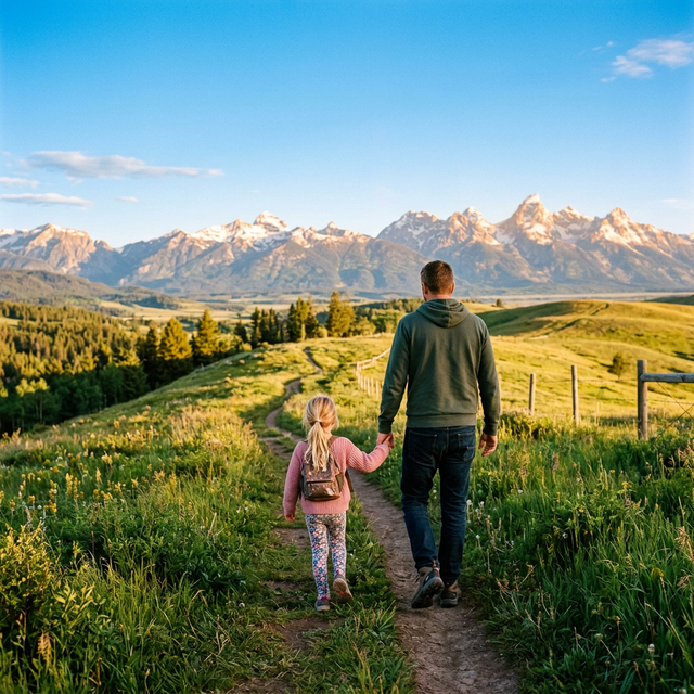 Father and daughter walking towards mountains