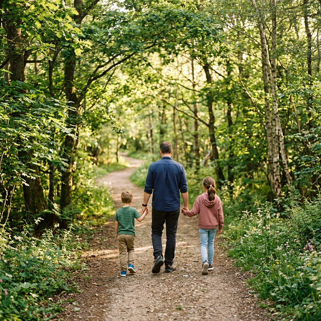 Father walking with two children along a nature path