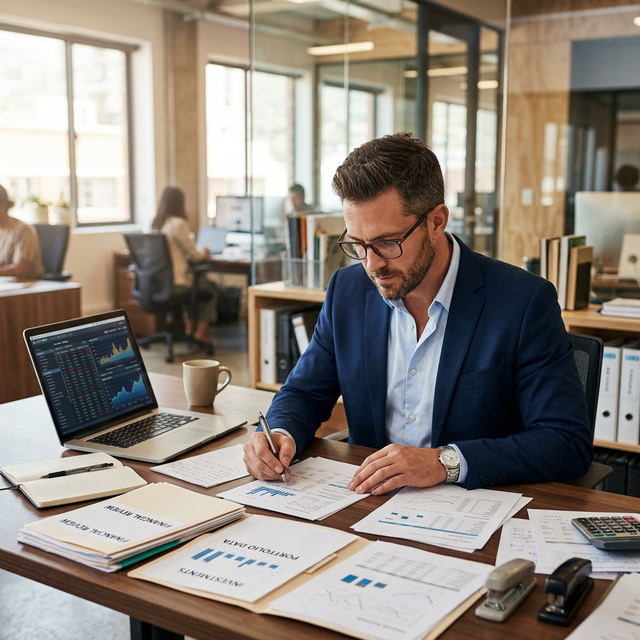 Financial advisor reviewing strategy documents